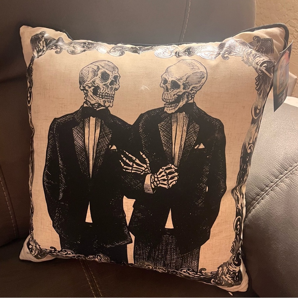 Cynthia Rowley Curious Halloween 2 Skeleton Grooms Pillow Silver Shimmer LGBTQIA
